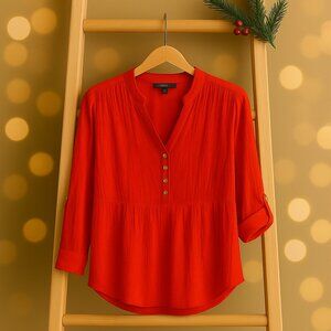 Zac & Rachel Vibrant Red Gauze Blouse, Size XL — Button-Front V-Neck Tunic Top